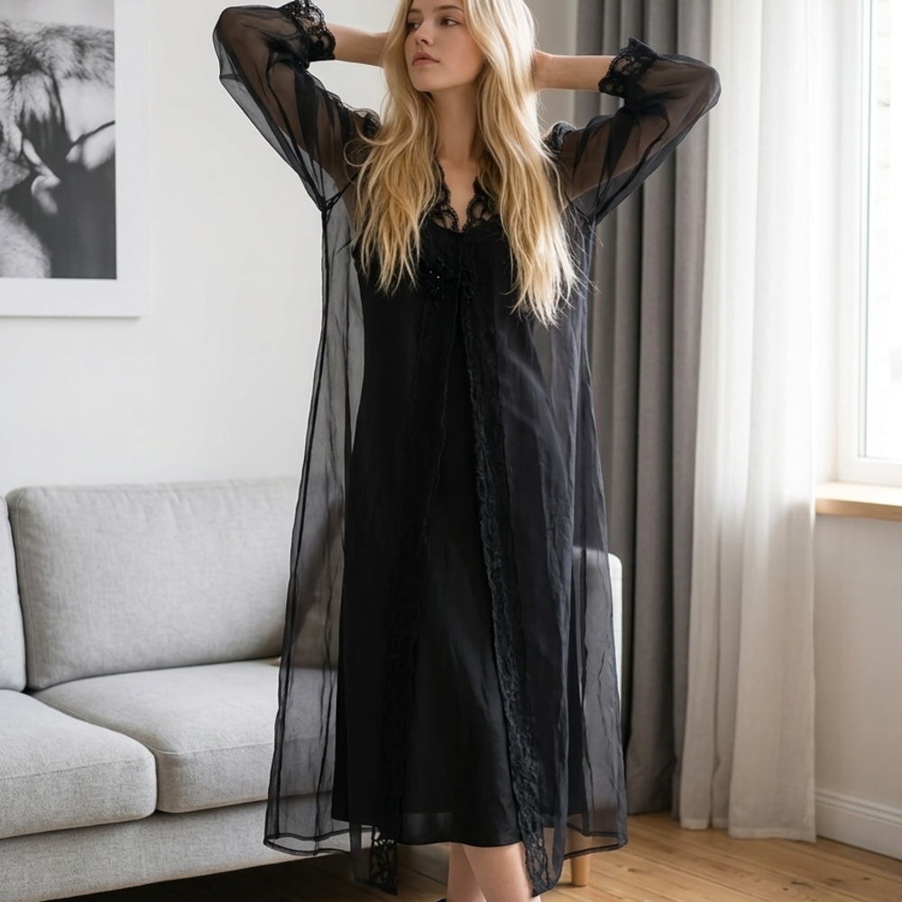 Vintage 90s Appel Sheer Black Mesh Maxi Robe Lace Trim Small